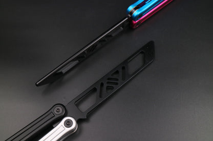 XDYY Antarctic 2 balisong trainer pink blue and black silver zoomed view
