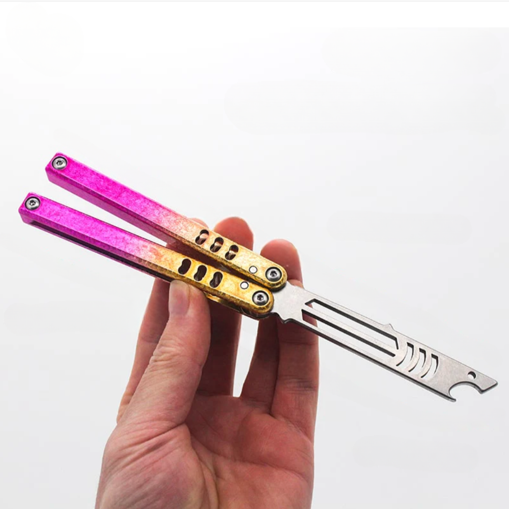 Armed shark mini mako v4.5 balisong trainer opened view pink gold 